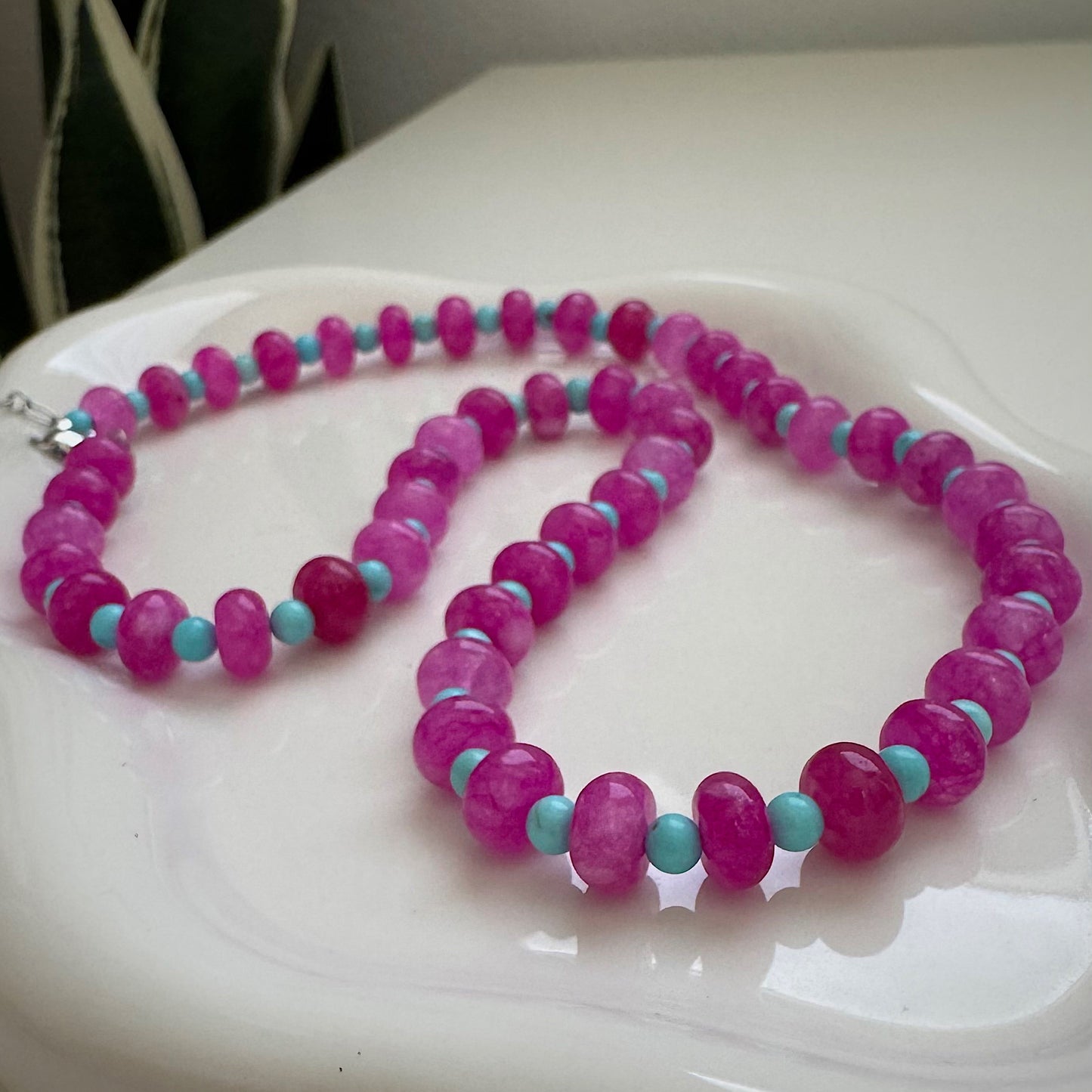 pink and blue necklace